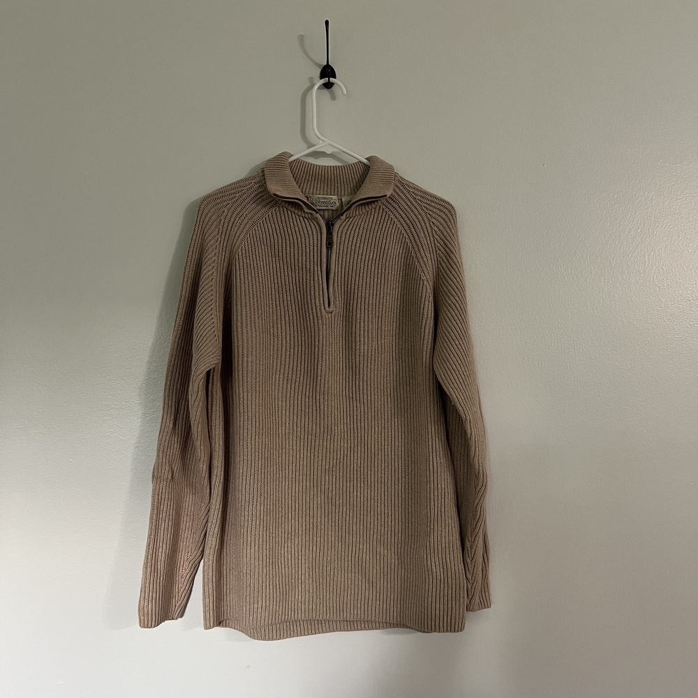 St. John's Bay Sweater Large Beige Ribbed Qtr-Zip Casual Raglan Classic Warm - Picture 1 of 9